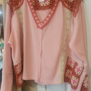 POL Pink Crochet-Trim V-Neck Sweater